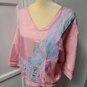 Jordana Vintage 80s Pastel Butterflies Shirt Size Medium Parachute Style Fabric